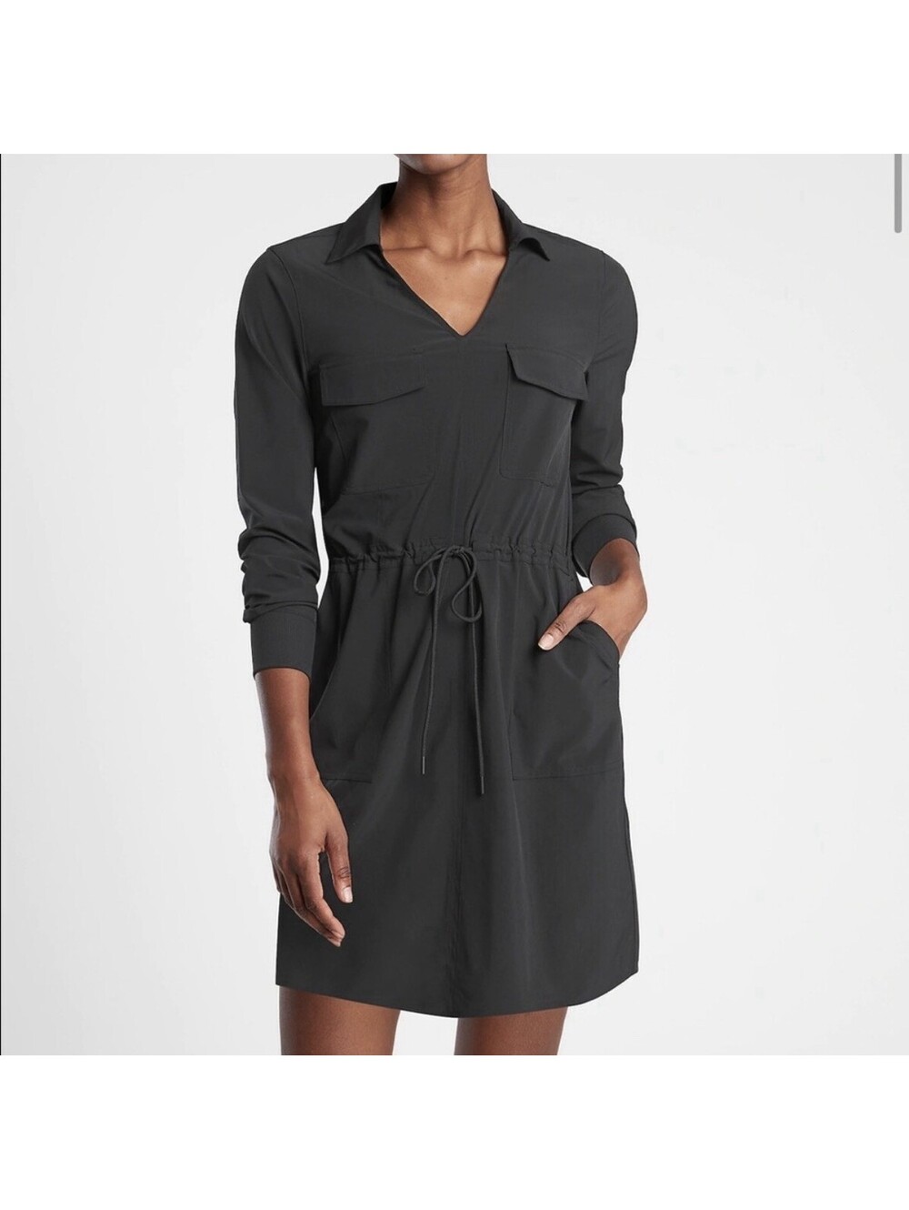 Athleta Zuma Shirtdress, Dress BLACK SIZE SMALL pockets, collar & waist tie